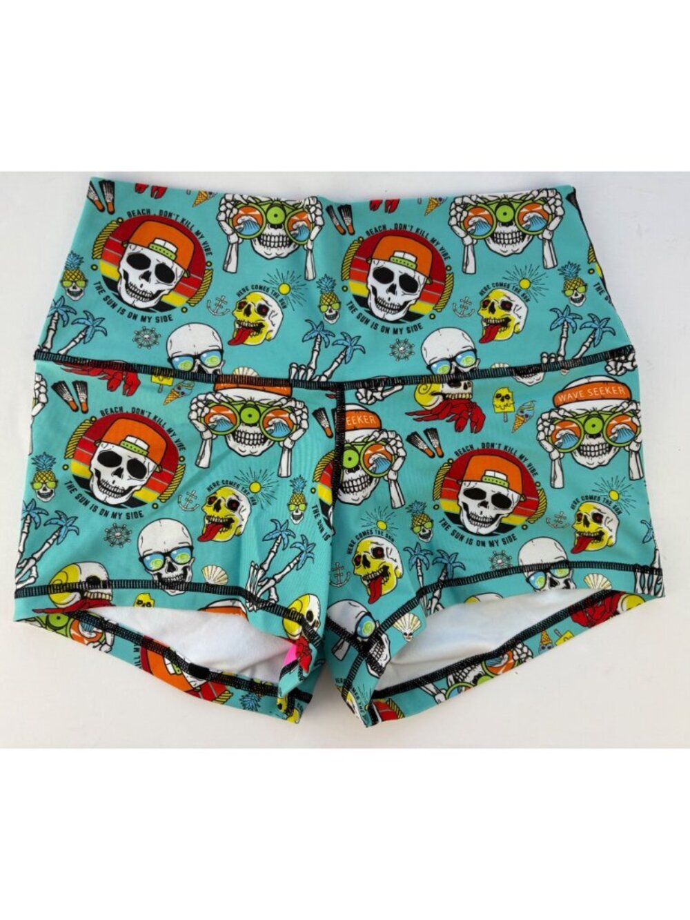 Peachy Athletic NWOT Medium Extra Peachy Booty Bike Shorts Turquoise Surf Skull - Picture 3 of 10